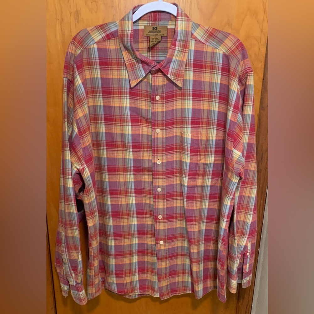 J.RIGGINGS XL Dress Shirt Multicolor Plaid 55% Linen 45% Cotton Button Down